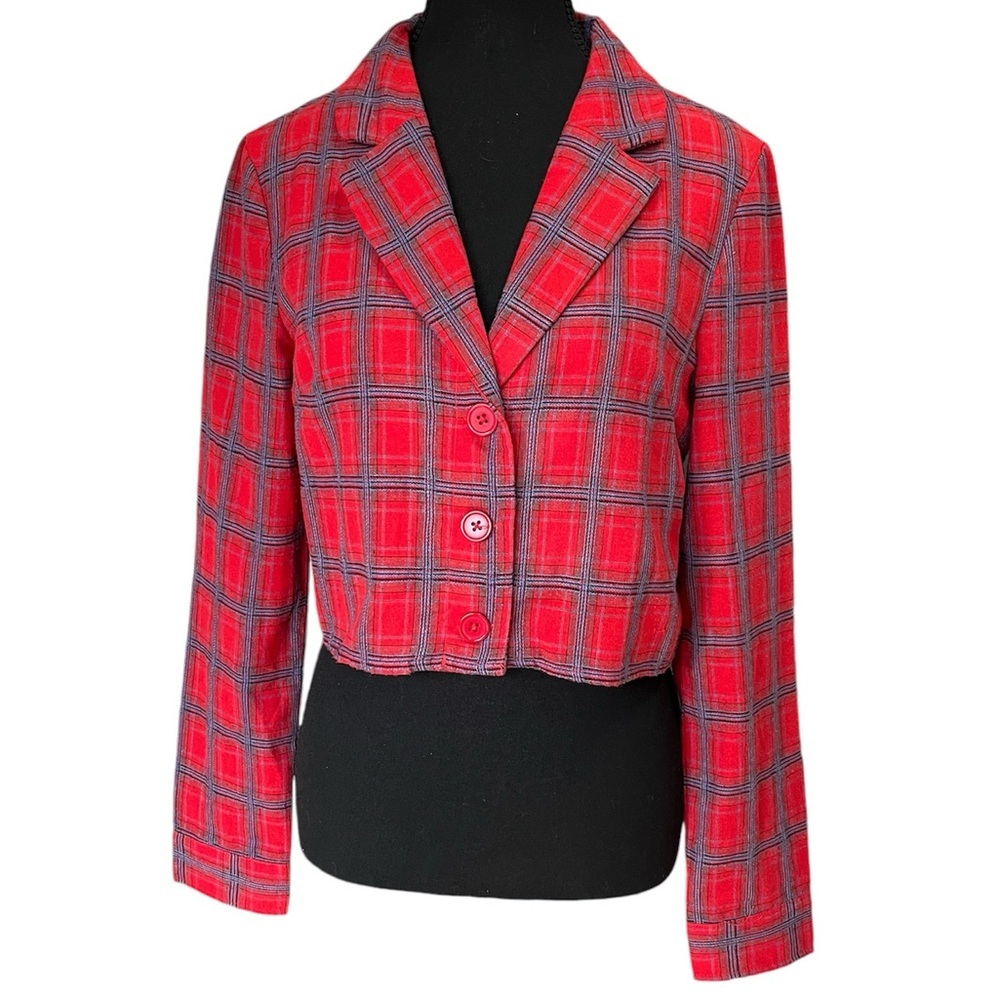 Wild Honey Cropped Lightweight Blazer S Red Blue Plaid